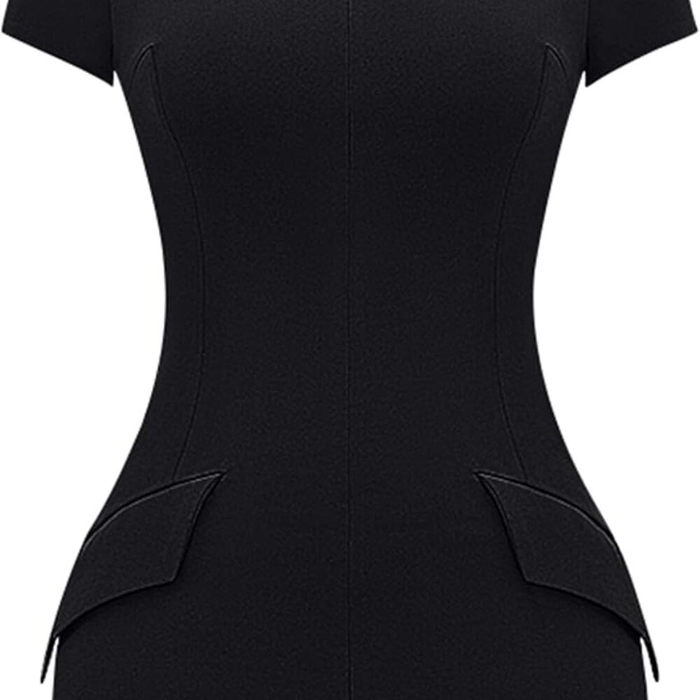 Women's Short Sleeve Mock Turtle Neck Bodycon Mini Dress Zipper Pockets - Picture 7 of 7